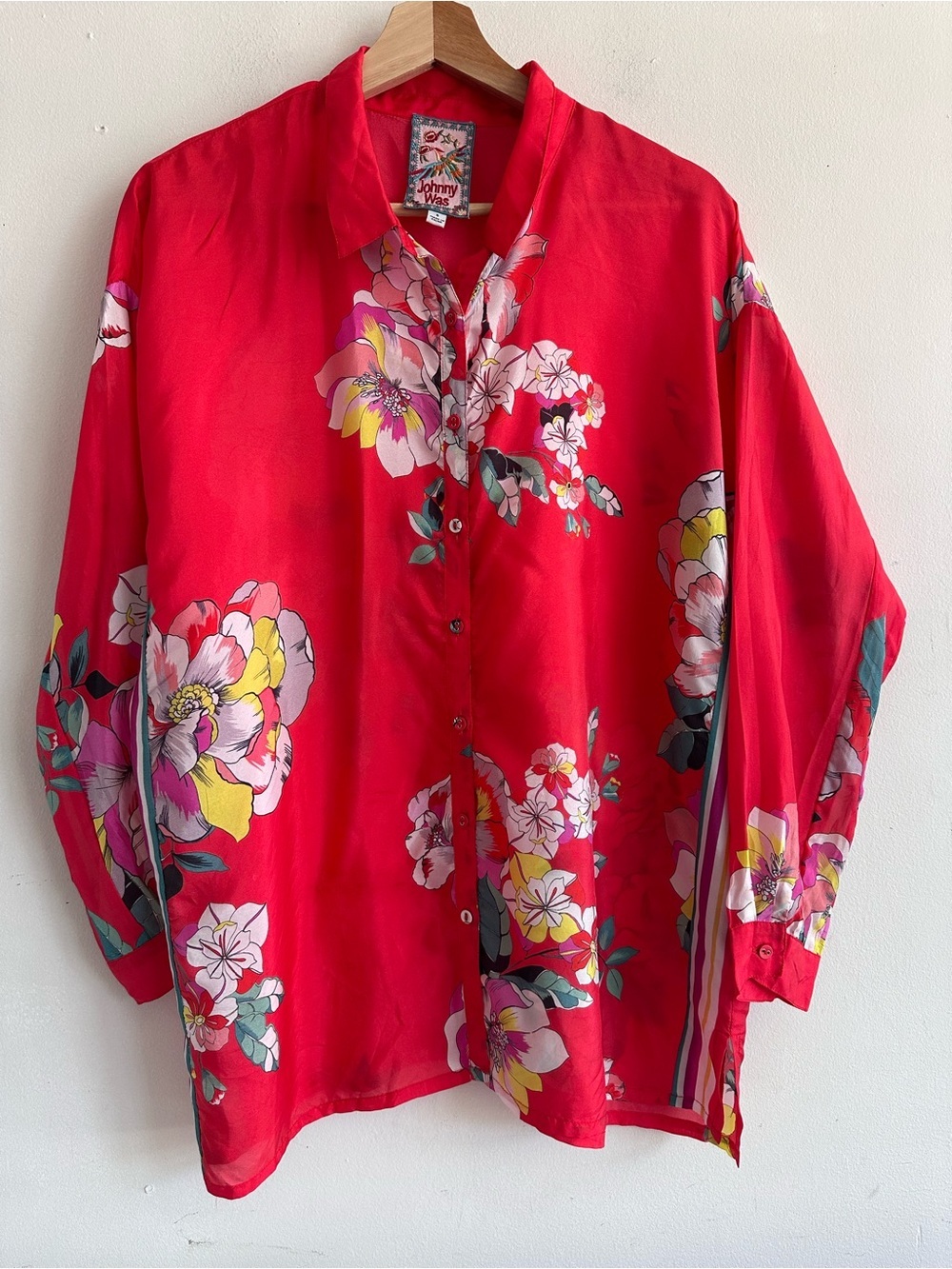 Johnny Was Coral-Red Floral Collared Blouse